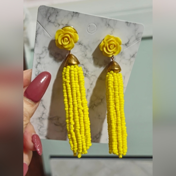 Yellow Rose Beaded Tassel Drop Earrings - Picture 7 of 14